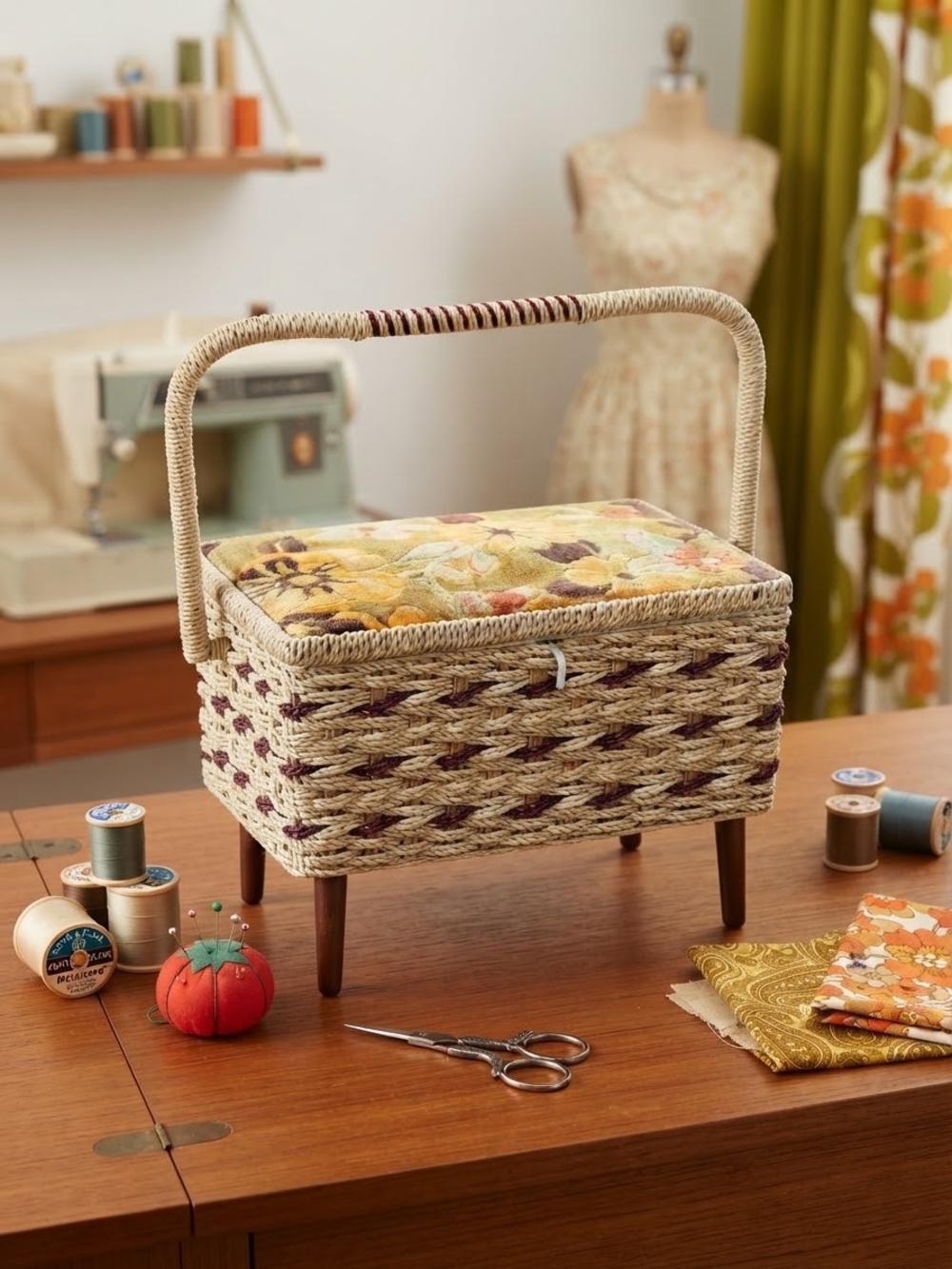 Vintage 1960s Singer Woven Wicker Floral Sewing Basket with Wooden Legs